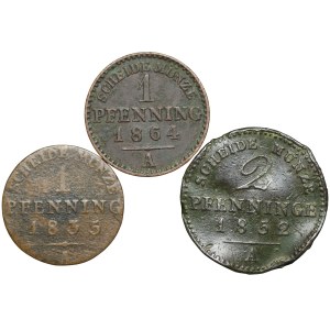 Niemcy, Prusy, Fryderyk Wilhelm III, 2 x 1 fenig (1864 A, 1835 A), 2 fenigi 1852 A - zestaw 3 sztuk