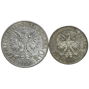 II RP, 10 złotych 1932, Głowa Kobiety, Londyn | 5 złotych 1934 Głowa Kobiety - zestaw 2 sztuk