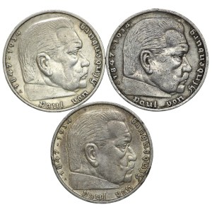 Niemcy, III Rzesza, 5 marek 1936/1937/1938 - zestaw 3 sztuk