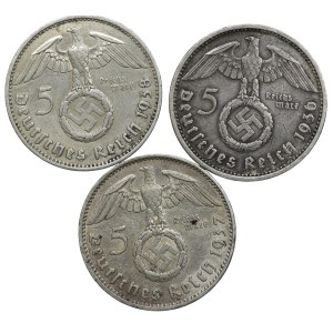 Niemcy, III Rzesza, 5 marek 1936/1937/1938 - zestaw 3 sztuk