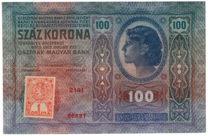 Czechoslovakia, 1 crown 1919 on 100 crowns 1912
