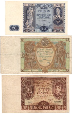 20 zloty 1936, series AJ | 50 zloty 1929 series EJ | 100 zloty 1932 series AŁ - set of 3 pieces
