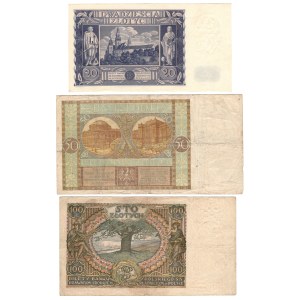 20 złotych 1936, seria AJ | 50 złotych 1929 seria EJ | 100 złotych 1932 seria AŁ - zestaw 3 sztuk
