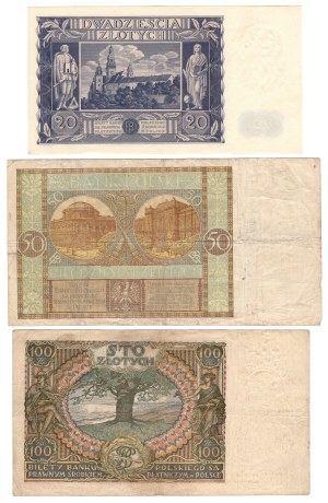 20 zloty 1936, series AJ | 50 zloty 1929 series EJ | 100 zloty 1932 series AŁ - set of 3 pieces