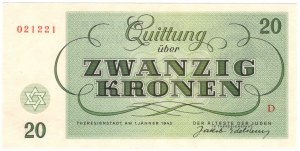 Czechoslovakia, Terezin Ghetto, 20 Kronen, 1943