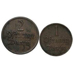 Wolne Miasto Gdańsk, 1 fenig 1930, 2 fenigi 1923 - zestaw 2 sztuk