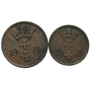 Wolne Miasto Gdańsk, 1 fenig 1930, 2 fenigi 1923 - zestaw 2 sztuk