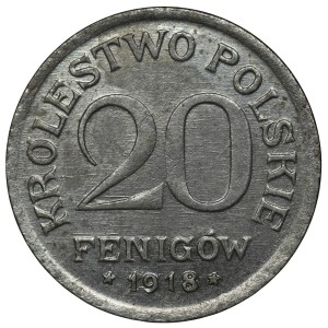 Królestwo Polskie, 20 Fenigów 1918, Stuttgart - piękna z mocnym efektem ducha widocznym przy głowie orła