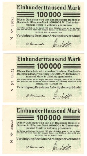 Wrocław (Breslau), 100,000 marks 1923 - a set of 3 consecutive issues