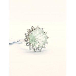 Ring with prasiolite Chantilly Cut 5.94 ct and14 white topazes 1.96 ct, 925 silver, RocksTV certificate