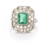 Ring with emerald and diamonds, 1930s-1940s.