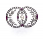 Brooch with pearls, diamonds and rubies, early 20th century.