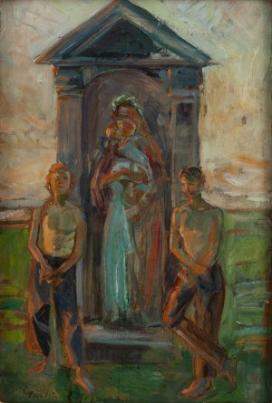 Wlastimil Hofman (1881 Praga - 1970 Szklarska Poręba), Madonna z Dzieciątkiem w wiejskiej kapliczce, około 1908