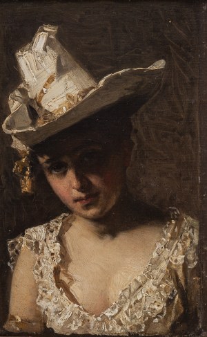 Pantaleon Szyndler (1846 Lipie k. Wielunia - 1905 Warszawa), Portret damy w białym kapeluszu