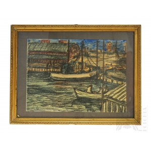 Leon Michalski (1911-1989) - Peinture Scène au port, Technique mixte sur papier