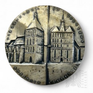 III RP, 1991 - Pamětní medaile PTAiN Jan Pavel II., biskup Ignacy Jeż / Pouť do vlasti Koszalin-Kołobrzeg; stříbrná bronzová