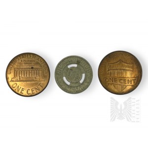 USA - Trzy Monety: 1 Cent (1971), Żeton Token Metra w Chicago, 1 Cent