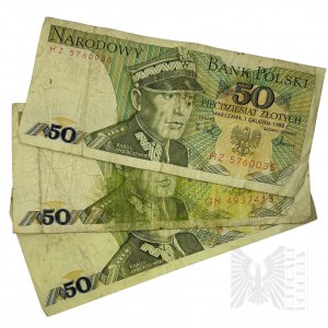 Polská lidová republika - Syn dělníka z Woly: Karol Swierczewski, generál, tři bankovky po 50 zlotých.