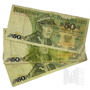 Polská lidová republika - Syn dělníka z Woly: Karol Swierczewski, generál, tři bankovky po 50 zlotých.