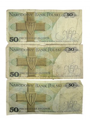 Polská lidová republika - Syn dělníka z Woly: Karol Swierczewski, generál, tři bankovky po 50 zlotých.