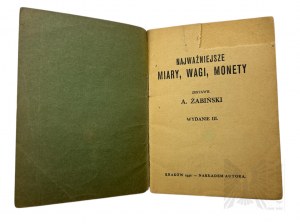 II RP, 1930 r. - Książka Albin Żabiński, Najważniejsze Miary, Wagi, Monety; Kraków, Nakładem Autora