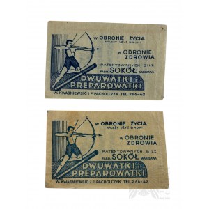 II RP - Deux sacs en papier après des dés à coudre avec une surimpression publicitaire colorée de Deux roues et Faucon Préparatoire Varsovie.