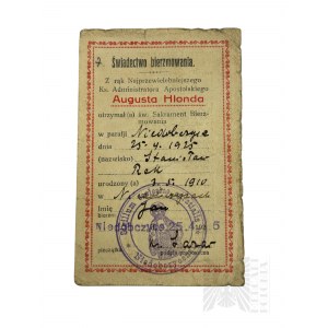 Deuxième République polonaise, 1925 - Certificat de confirmation des mains d'August Hlondel, église paroissiale de Niedobczyce