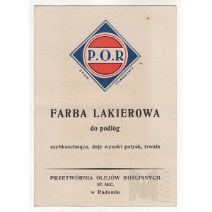 II RP - Dépliant publicitaire de la peinture vernie Porflor, Przetwórnia Olejów Roślinnych Sp. Akc. à Radom ; Échantillon de couleurs