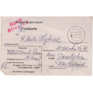 III Rzesza - Pocztówka Poczty Jenieckiej (Kriegsgefangenenpost) z Obozu Jenieckiego Offizierlager II E Neubrandenburg, Data 6 III 1942(?) r.