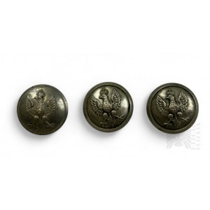 Trzy Guziki Orzeł wz. 1923: Dwa Esef Alpacca (Biały Metal), Jeden Sygnatura Bronisław Grabski Łódź
