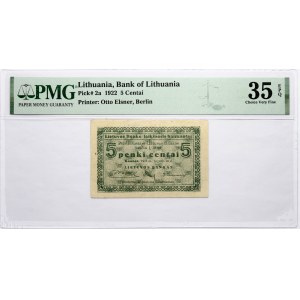 Lithuania 5 Centai 1922 PMG 35 Choice Very Fine EPQ