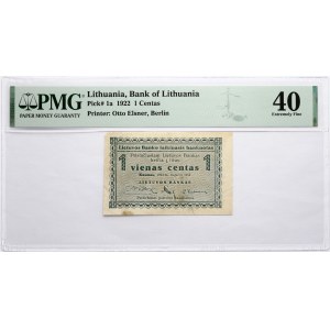 Litva 1 centas 1922 PMG 40 Extrémne jemná