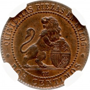 Španělsko 2 centimos 1870 OM NGC MS 65 RB