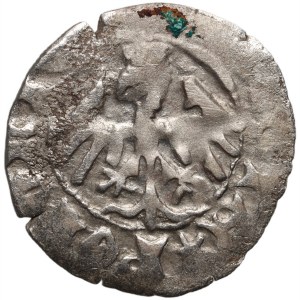 Władysław Jagiełło 1386-1434, półgrosz, Kraków, sygnatura P, nietypowy