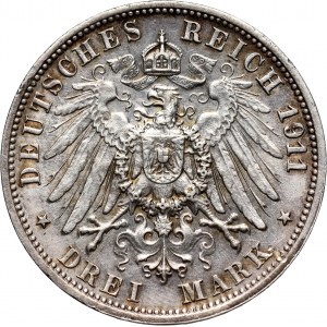 Germany, Wurttemberg, Wilhelm II, 3 Mark 1911 F, Stuttgart, Silver Wedding Anniversary