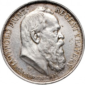 Germany, Bavaria, 3 Mark 1911 D, Munich, 90th Birthday of Prince Regent Luitpold