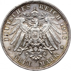 Germany, Saxony, Friedrich August III, 3 Mark 1913 E, Muldenhütten, Battle of Leipzig
