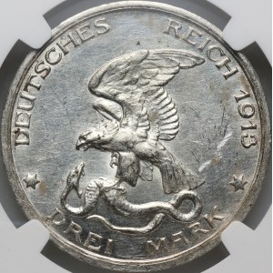 Germany, Prussia, Wilhelm II, 3 Mark 1913 A, Berlin, 100th Anniversary of the victory at the Battle of Leipzig