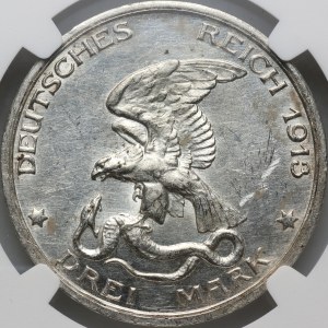 Germany, Prussia, Wilhelm II, 3 Mark 1913 A, Berlin, 100th Anniversary of the victory at the Battle of Leipzig