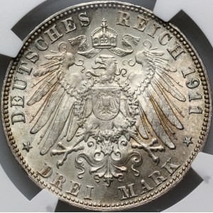 Germany, Bavaria, 3 Mark 1911 D, Munich, 90th Birthday of Prince Regent Luitpold