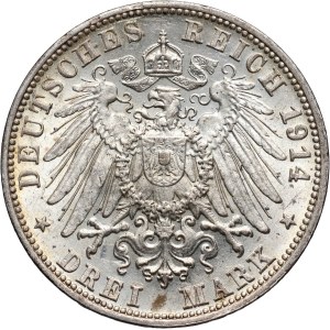 Germany, Wurttemberg, Wilhelm II, 3 Mark 1914 F, Stuttgart