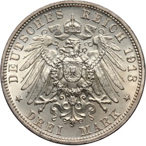 Germany, Saxony, Friedrich August III, 3 Mark 1913 E, Muldenhütten, Battle of Leipzig