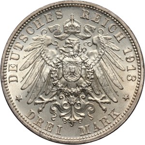 Germany, Saxony, Friedrich August III, 3 Mark 1913 E, Muldenhütten, Battle of Leipzig