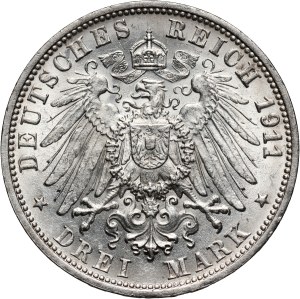 Germany, Wurttemberg, Wilhelm II, 3 Mark 1911 F, Stuttgart, Silver Wedding Anniversary