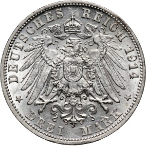 Germany, Baden, Friedrich II, 3 Mark 1914 G, Karlsruhe