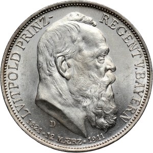 Germany, Bavaria, 3 Mark 1911 D, Munich, 90th Birthday of Prince Regent Luitpold