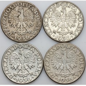 II RP, zestaw monet 2 złote 1936, Żaglowiec, (4 sztuki)