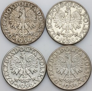 II RP, 2 zloty 1936 coin set, Sailing ship, (4 pieces)