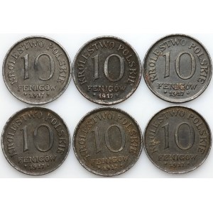 Królestwo Polskie, zestaw monet 10 fenigów z 1917 roku, (6 sztuk)
