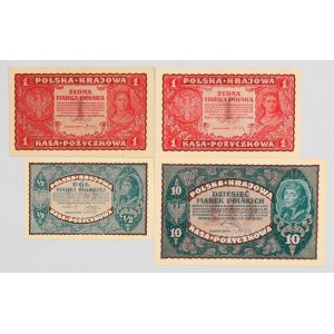II RP, zestaw banknotów 1/2 - 10 marek polskich, (4 sztuki)